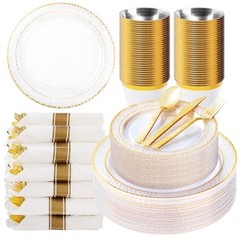 Gold 50-Piece Clear Plastic Plates with Trim for 50 Guests