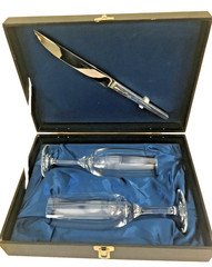 Vintage champagne flutes knife in storage box Wedding Toasting marked Japan