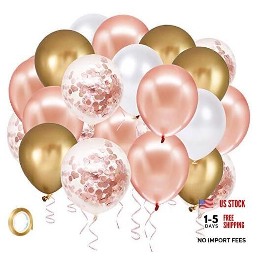 Rose Gold Confetti Latex Balloons, 60 Pack White Balloons Rose Gold White Gold