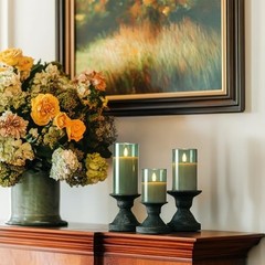 Green Glass Flameless Candles with Remote and Timer, Real Wax Olive Green