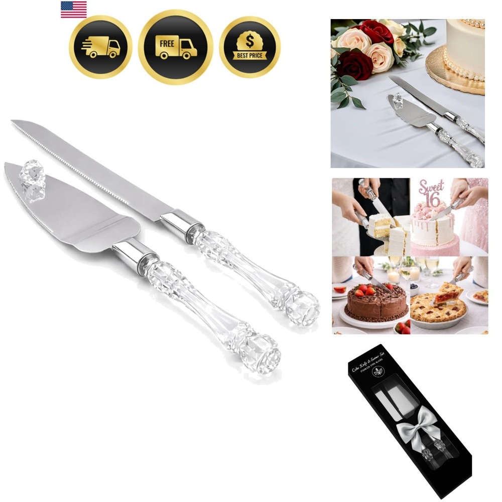 Elegant Cake Knife and Server Set Stainless Steel with Crystal Handle – Perfe…