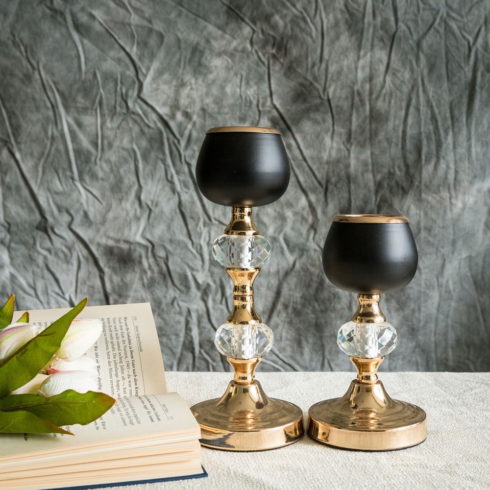 2 pcs Gold and Black 7″ 11″ tall Metallic Candle Holders with Crystal Accents