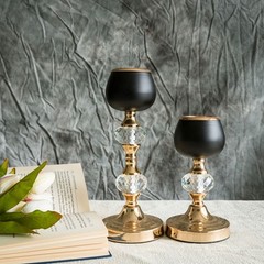 2 pcs Gold and Black 7″ 11″ tall Metallic Candle Holders with Crystal Accents