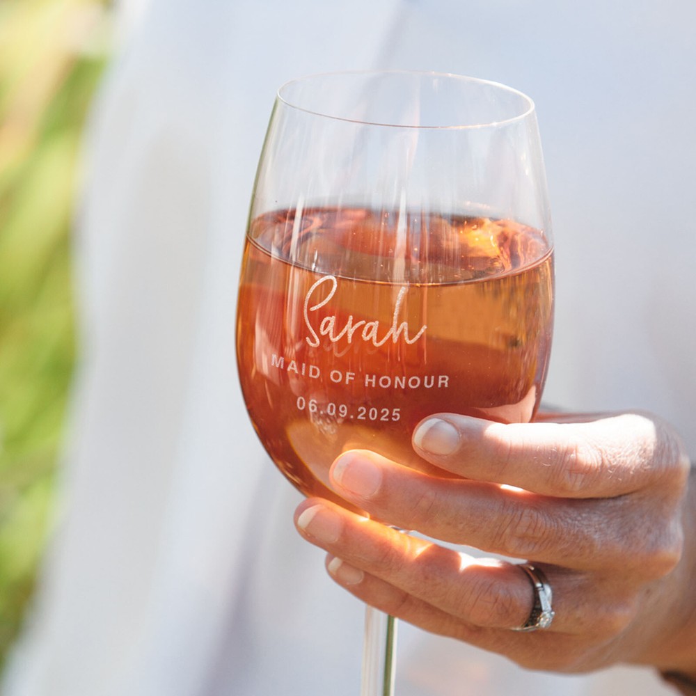 Bridesmaid Maid of Honour Personalised Name Engraved Wedding Wine Glasses Favour