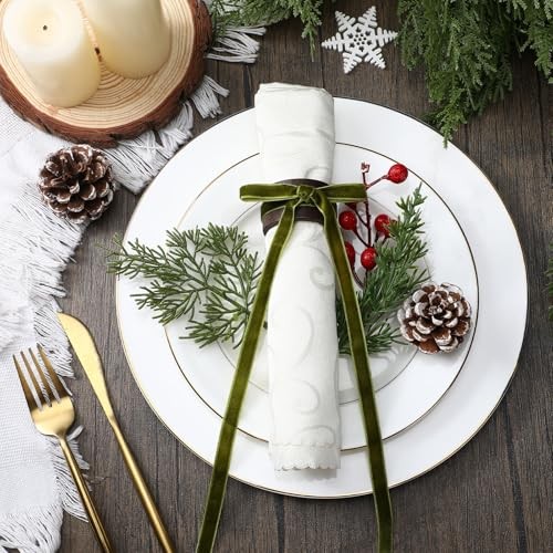 12 Set Christmas Napkin Rings Wooden Bow Napkin Rings Velvet Bow Olive Green