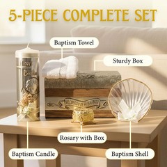 Baptism Candle Set in Premium Decoration Box with Towel, Rosary 4 inch, Gold
