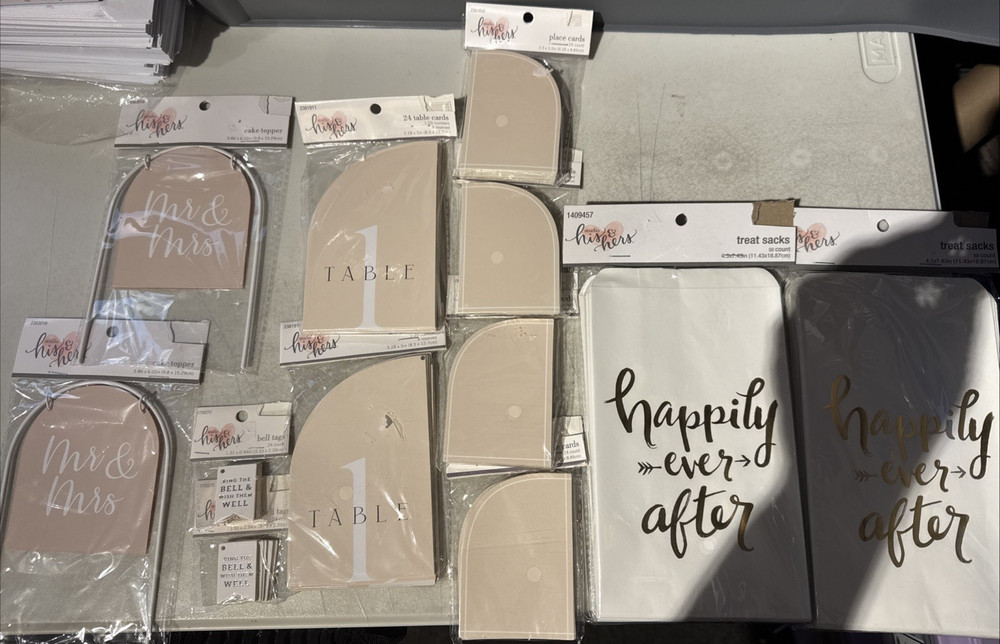 Studio his & hers Wedding Lot/Cake Toppers, Place Cards, Table Cards, Treat Bags