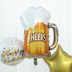 5 Gold White Round Beer Mug Stars Happy Birthday Mylar Foil BALLOONS Set Party