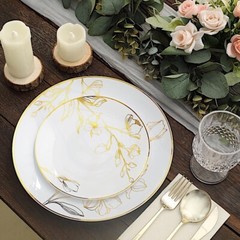 20 Round WHITE Plastic Salad Dinner PLATES Gold Floral Design Party Decorations