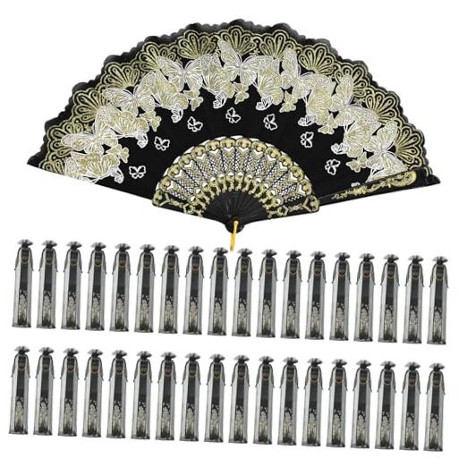 50 Pcs Hand Lace Foldable Fans Bulk for Women with Organza Bag Butterfly Gold
