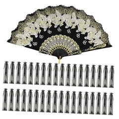 50 Pcs Hand Lace Foldable Fans Bulk for Women with Organza Bag Butterfly Gold