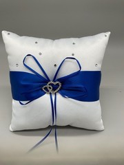 Tyenaza Ring Pillow 7.8 x 7.8 in White Satin Blue Bow Rhinestone Pocket