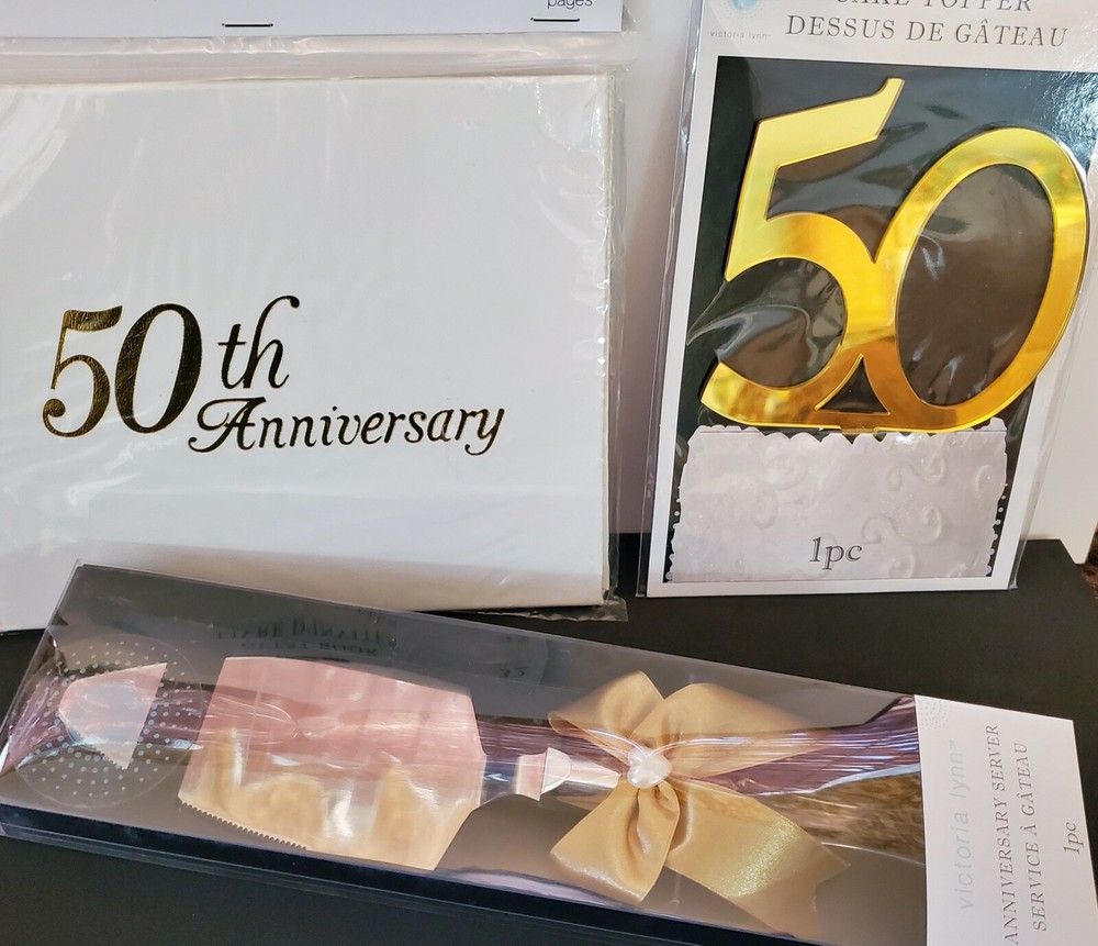 50th WEDDING ANNIVERSARY GUEST BOOK, CAKE SERVER, CAKE TOP 3PC SET Victoria Lynn