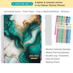 LITE TEACHER PLANNER – Aug 2026-Jul 2027, 8.5″ x 11″ Daily Teal Gold Marble