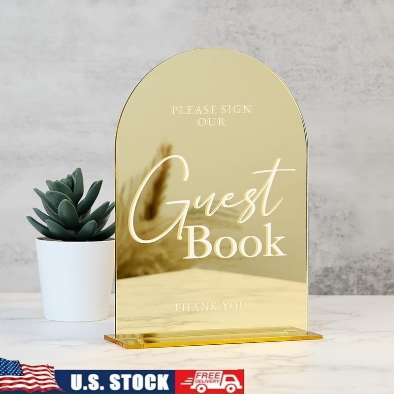 Gold Acrylic Wedding Guest Book Sign W/ Base Rustic Table Decor 5×7 inches New
