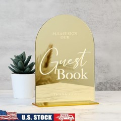 Gold Acrylic Wedding Guest Book Sign W/ Base Rustic Table Decor 5×7 inches New