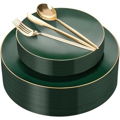 I00000 150Pcs Green Plastic Plates with Gold Rim, Fancy Disposable Green Gold