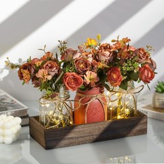 3 Pcs Mason Jar Centerpiece Decor with Wood Tray & LED Lights for Dining Room, K