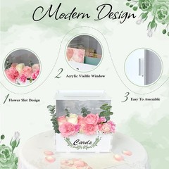 Wooden Wedding Card Box with Flower Trough, White Gift Card Box for Wedding w…