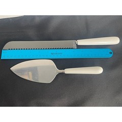 Cain Co Cake Knife Server Set Stainless Steel White Handle Serrated Bread Knife