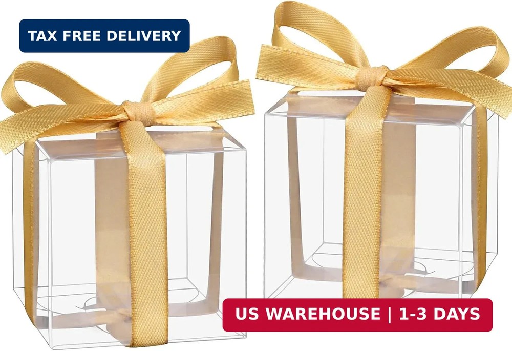 Adecortalk 50 Pcs Clear Favor Boxes, 2x2x2 Inch Clear Plastic Gift Box with Gold