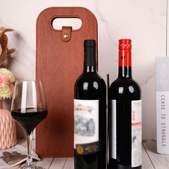 Brown Portable 2 Bottle PU Leather Wine Tote Carrier Insulated Cooler Bag