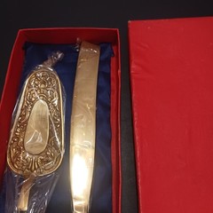 Vintage Cake Knife & Server Set, Ornate Metal Handles, Gold/Silver Glossy
