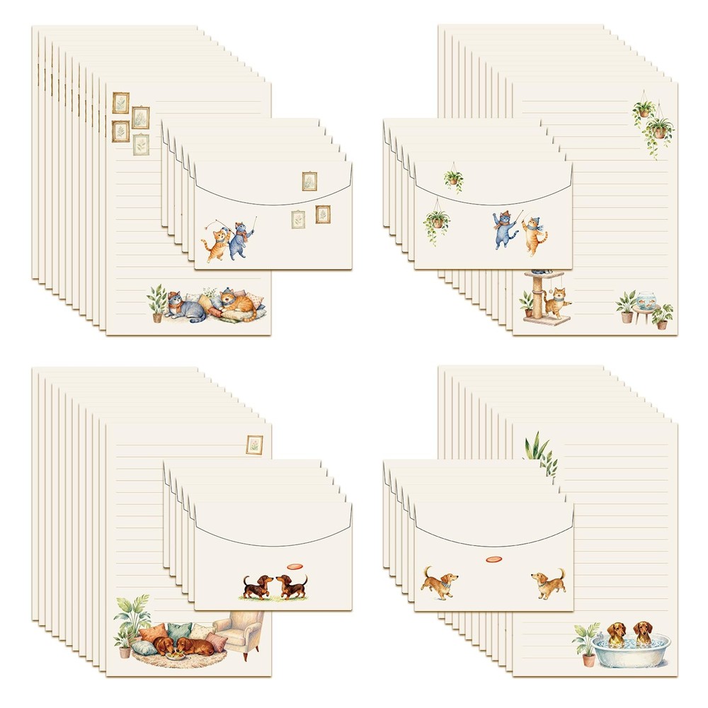 72 Pieces Cute Cat and Dog Writing Paper Envelopes, Half letter Beige