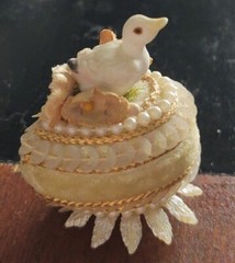 Antique Egg Porcelain Bird w Faux Pearls Sequins Velvet Flowers Cake Topper?