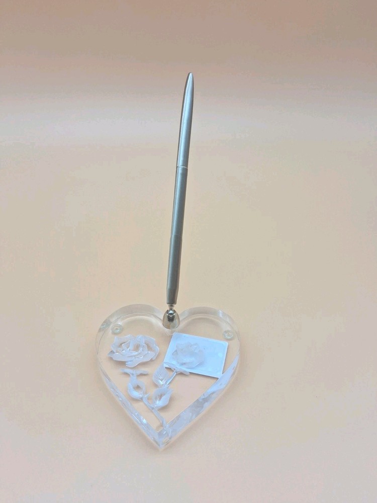 Gold Pen with Heart-Shaped Clear Rose Base for Wedding Guest Book