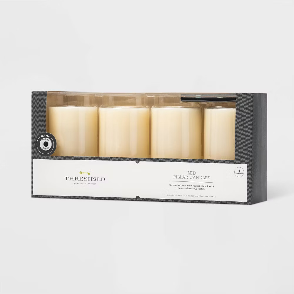 4pk Threshold 5″ x 3″ LED Flameless Black Wick Pillar Candle White