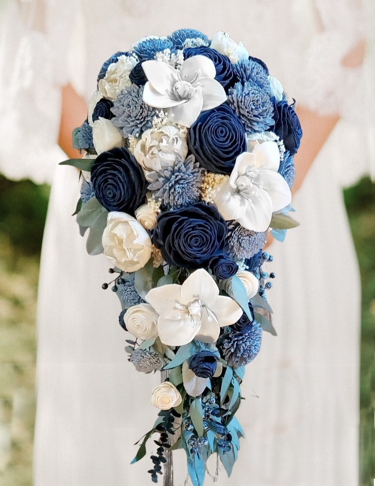 White Lily Bridal Bouquet Navy Dusty Blue Sola Wood Cascade Wedding Flowers