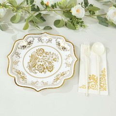 25 White 10″ Paper Dessert Plates GOLD Floral Print Scalloped Rim Party Events
