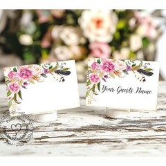 WATERCOLOR BOHO ROSE FEATHER WEDDING PLACE CARDS, TAGS or ESCORT CARDS #244