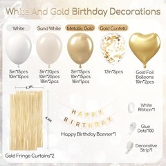 White and Gold Birthday Decorations for Women with Sand White Metallic Gold