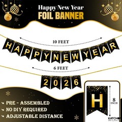KatchOn, Happy New Year Banner – Large 10 Feet, Pre-Strung | New Year Sign fo…