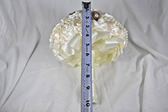 Handmade Satin Rose Ribbon Wedding Bouquet Artificial Bridal Pearls Beads Ivory