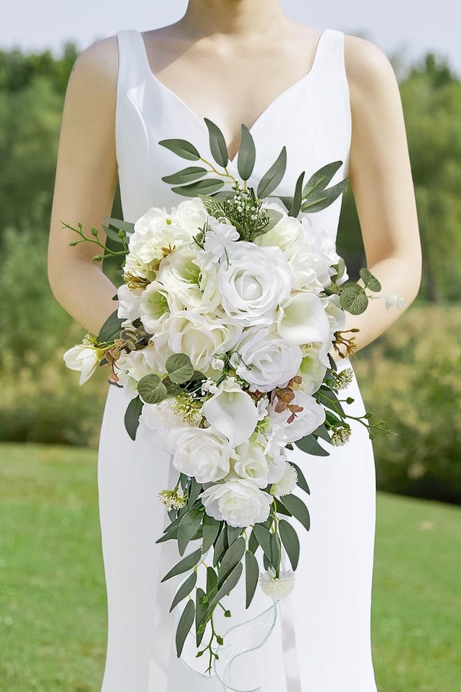 Alecono Wedding Bouquets for Bride, 9.8in Artificial White Bridal Bouquets fo…