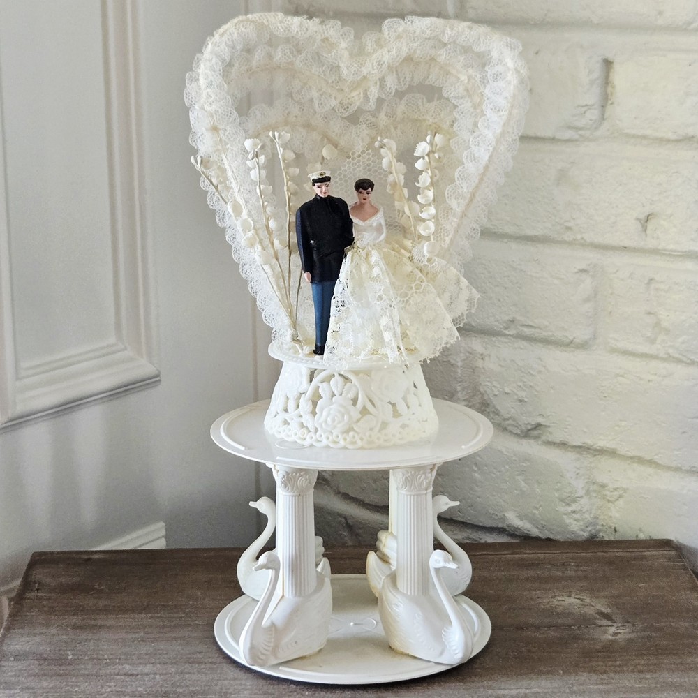 Vtg 50s Wedding Cake Topper, Couple, Swans Column, Heart, Flowers