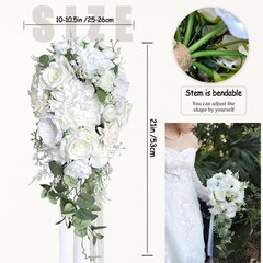 10″ White Rose Bridal Bouquet – Silk Flower Cascading Wedding Decor, Ivory Sage