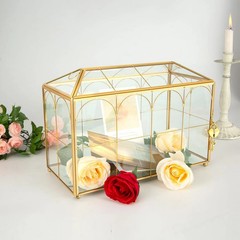 Glass Wedding Card Box with Lock, 12.6X5.9X9 Inches Large Gold Card Boxes for We