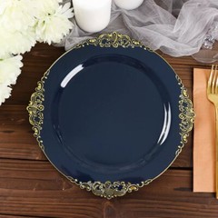 10 NAVY BLUE GOLD 10″ Round Plastic Salad Dinner PLATES Embossed Baroque Rim