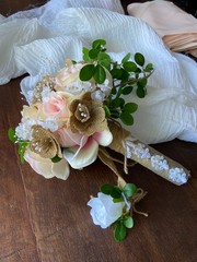 Bride Wedding Handmade Bouquet & Boutonniere. Blush pink and white .