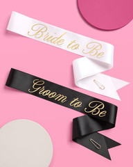 Bride and Groom Sash Duo 2 Pack | White and Black Satin, Gold Foil