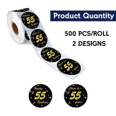 REWIDPARTY Black Gold 55th Birthday Stickers (500 Per Roll, 1.5′ Diameter, Wa…