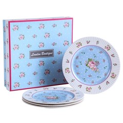 London Boutique Cake Plate Set 4 Porcelain Fine China Wide Rimmed Shabby Chic