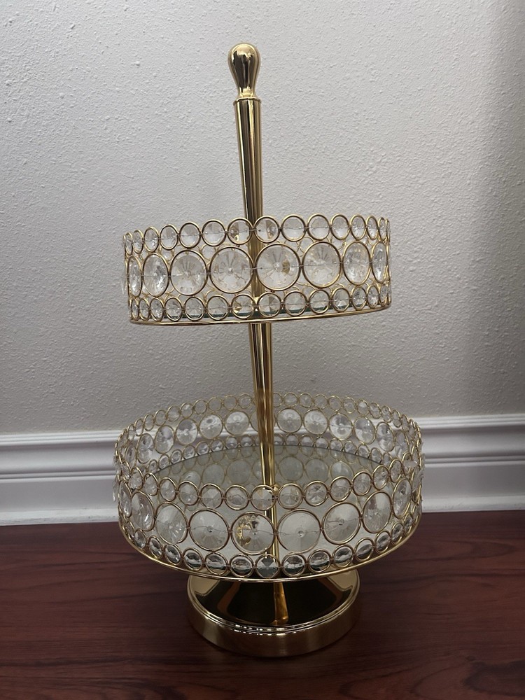 2 Tier GOLD Mirror 20” Cake Stand with Crystal Beads Cupcake Wedding Dessert