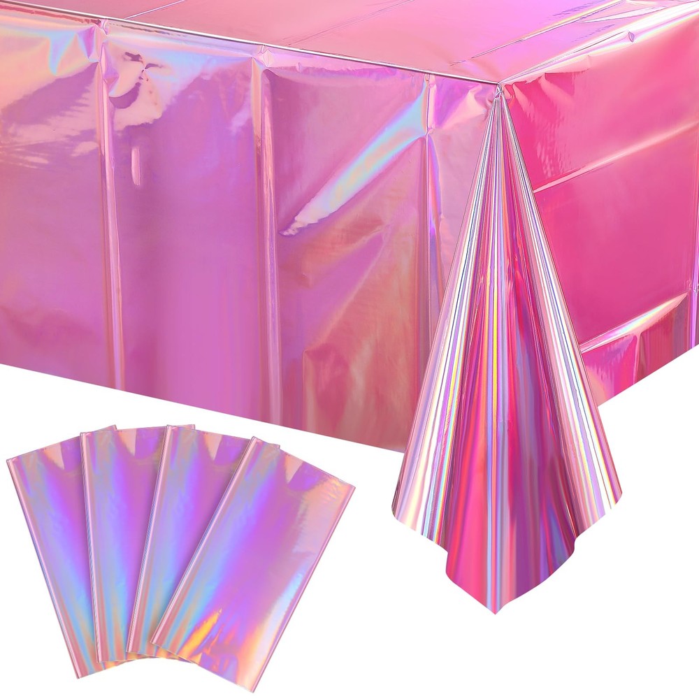 4 Pack Iridescent Pink Plastic Tablecloths, FunnyPars Shiny 4 Pack,