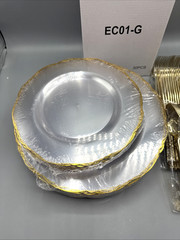 180pcs Tablesetting Clear Plastic Plates with Gold Trim Setting for 30 Guests
