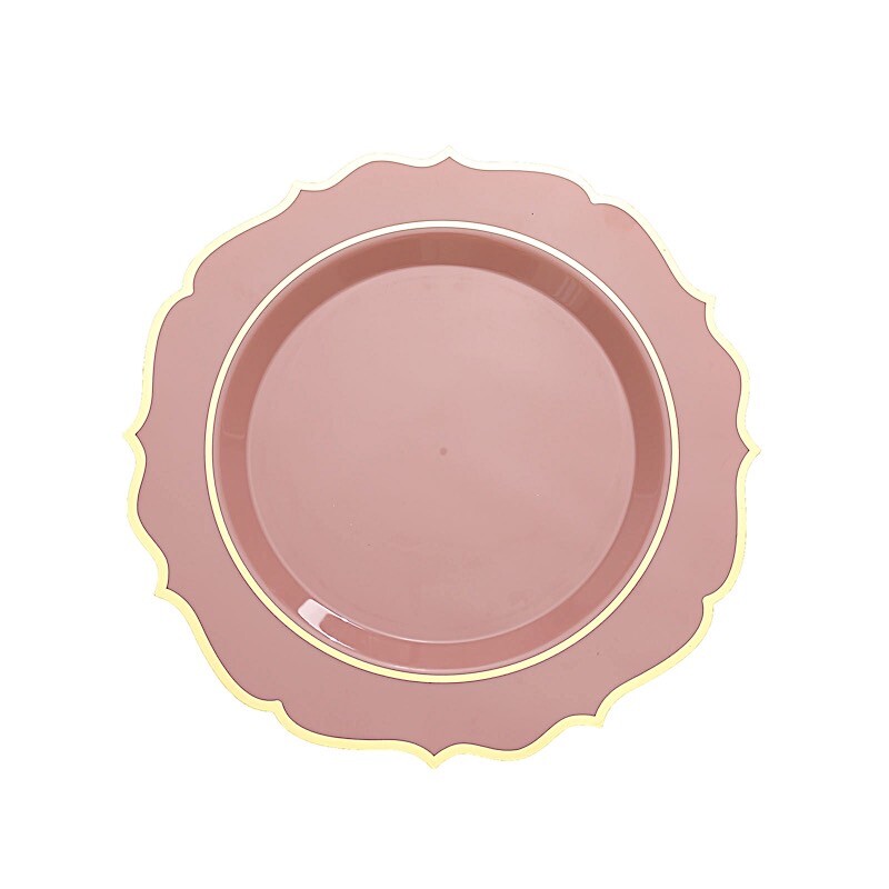 10.5″ Dusty Rose Round Dinner Plates With Gold Scalloped Rim Wedding Tableware